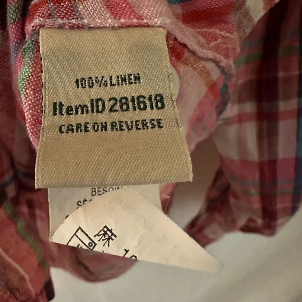 L.L. Bean Pink White Plaid 100% Linen‎ Button Up Long Sleeve Blouse Size L